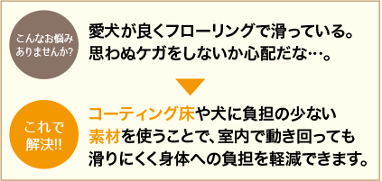 コーティング床や犬に負担の少ない素材を使用する。