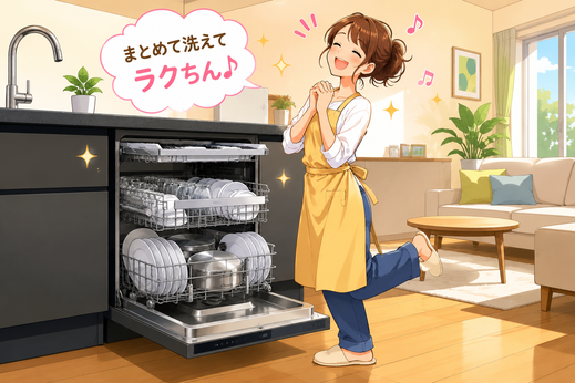  食洗機は「家事を減らす」ための設備 

 食洗機を上手に使うコツは、 「食器だけを洗う」と考えないこと。  

 食洗機対応のお鍋や保存容器、マイボトルなども一緒に入れれば、シンクに残る洗い物を減らせます。 

 また、この食洗機は予洗い不要を特徴のひとつとしており、基本的には大きな食べ残しなどを取り除いてセットすればOK。 

 「食器を洗う時間」だけでなく、 
 「洗い物をする」という家事そのものを減らす。  

 これが食洗機の大きな魅力かもしれません。 
 
パナソニック食洗機について詳しく知りたい&rarr; こちら  
