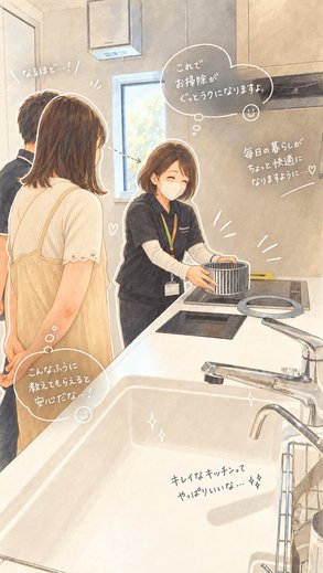  疑問に思ったことを、その場で質問できる安心 

 説明を聞いていると、 

 「この部分は取り外せますか？」 
「普段はどこまで掃除すればよいですか？」 
「この汚れには、どの洗剤を使えばよいですか？」 

 など、さまざまな疑問が出てきます。 
&nbsp; 

 私もお客様と一緒になって質問をし、メーカー担当者の方に一つひとつ丁寧に答えていただきました。 
&nbsp; 

 取扱説明書を読むだけでは分かりにくかったことも、実際の設備を見ながらその場で質問することで、より理解しやすくなります。 

 お客様にとっても、新しい住まいでの生活を安心して始めるための大切な時間になったのではないかと思います。 
　 
