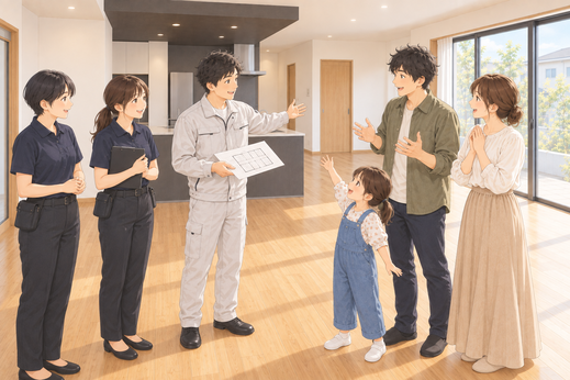  家づくりの思い出がよみがえる時間 

 完成した新居を嬉しそうに見て回るご家族の姿を見ながら、 
初めてのお打ち合わせから、この日を迎えるまでのさまざまな出来事が思い出されました。 

 一緒に考えてきた住まいが形になり、お客様に喜んでいただけることは、私たちにとっても何より嬉しい瞬間です。 
&nbsp; 

 これから、このお家でご家族の新しい暮らしが始まります。 

 ナイスホームでは、 
お住まいが完成するまでの打ち合わせはもちろん、お引き渡しを安心して迎えていただけるよう、営業・設計・現場監督が連携してお客様の家づくりをお手伝いしています。 
&nbsp; 

 お引き渡しまでもう少し。最後までしっかりとサポートさせていただきます。 
　 
