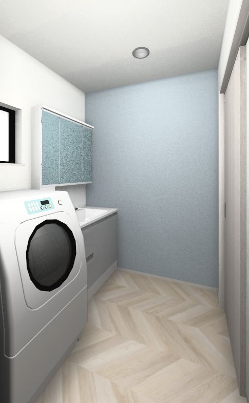 洗面脱衣室イメージ│爽やかなブルーとヘリンボーン柄の空間。収納棚があります