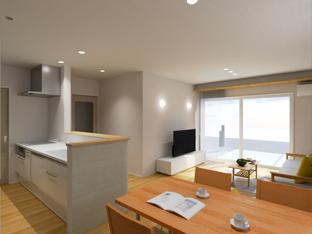 【リビングイメージ】ナチュラルテイストの室内。キッチン・ダイニングが横並びで配膳も片づけもスムーズに行えます。