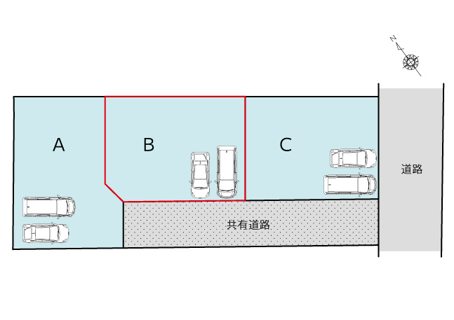 該当物件はB棟です。
共有通路には地役権と所有権を設定する予定です。
