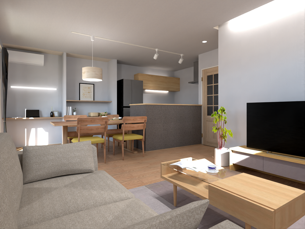 【リビングイメージ】モダンなテイストの室内。キッチン・ダイニングが横並びで配膳も片づけもスムーズに行えます。