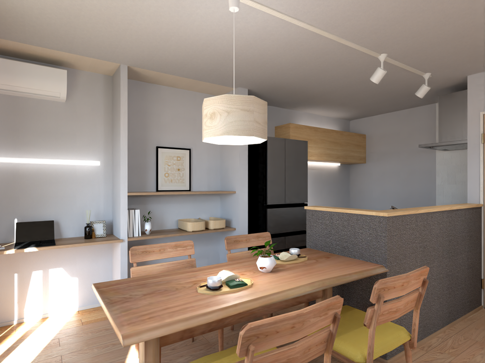 【キッチン・ダイニングイメージ】ダイニング背面には、お子様のリビング学習や在宅ワークにも便利なカウンター付き。