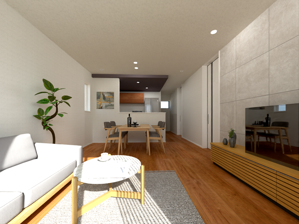 【LDKイメージ】スタイリッシュなテイストの内観。南面の大きな窓から明るい日差しが室内に入ります。