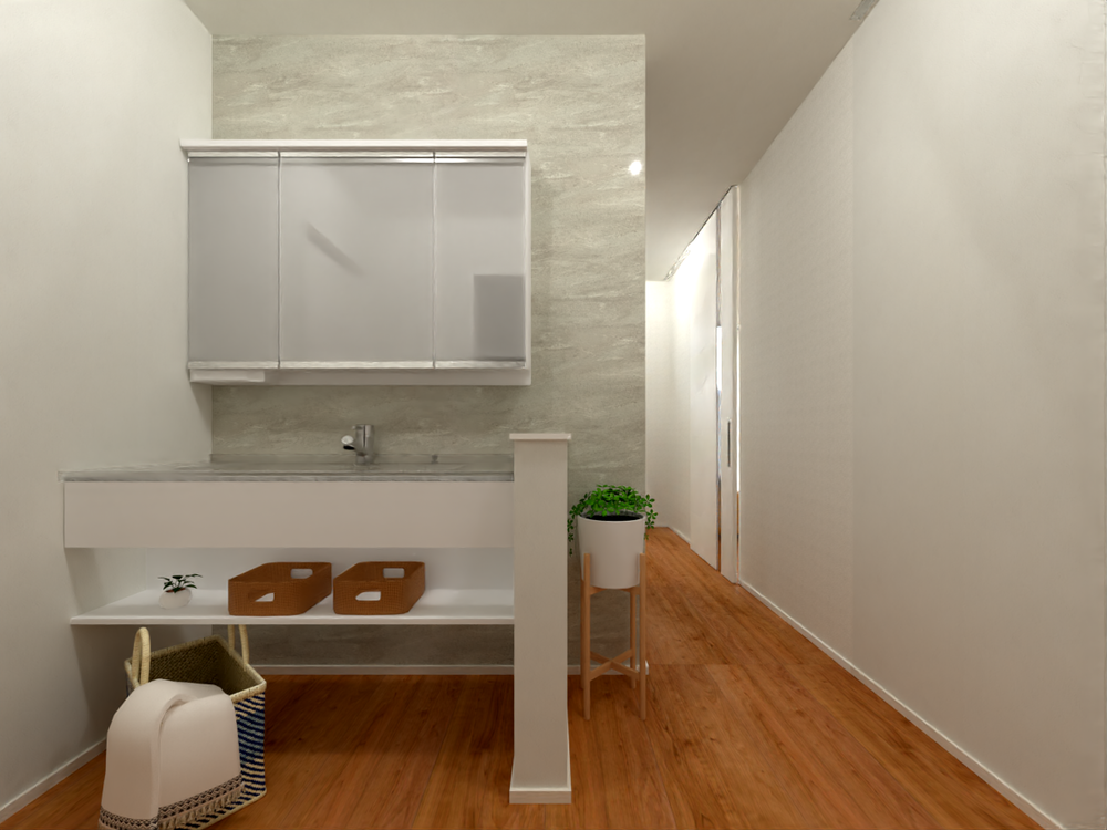 【洗面スペースイメージ】玄関やリビング、脱衣室、トイレからもアクセスしやすい独立洗面台。