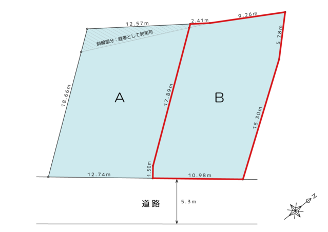 ※該当物件はB区画です。
※斜線部分は、愛知県開発審査会基準第17号に該当しません（対象面積：0.53㎡）。お庭などとしてご利用可能です。